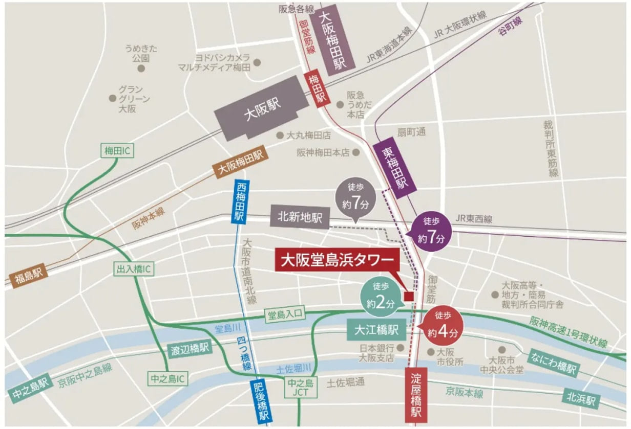 大阪堂島浜タワー周辺の地図。大江橋駅から徒歩約2分、淀屋橋駅から徒歩約4分、北新地駅・東梅田駅から徒歩約7分