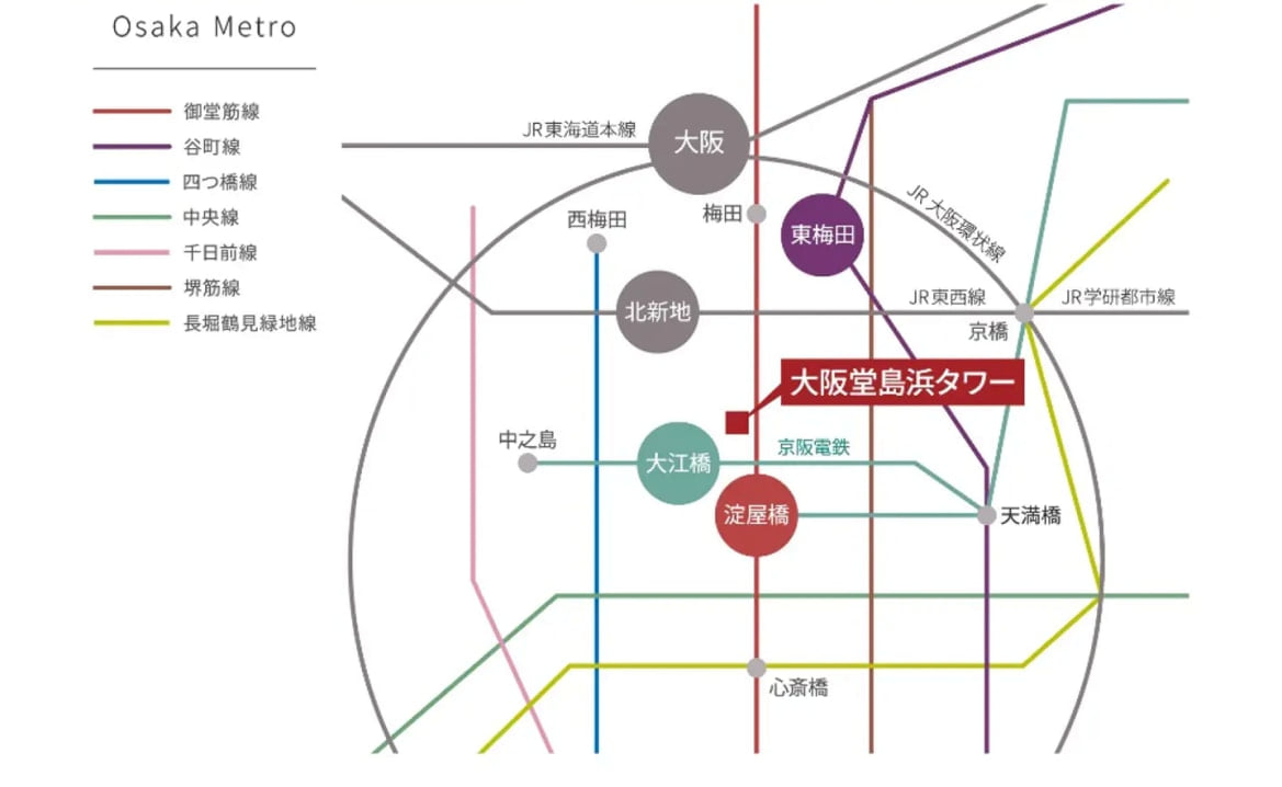 Osaka Metro の路線図。大阪堂島浜タワーは東梅田駅・淀屋橋駅・大江橋駅の近く